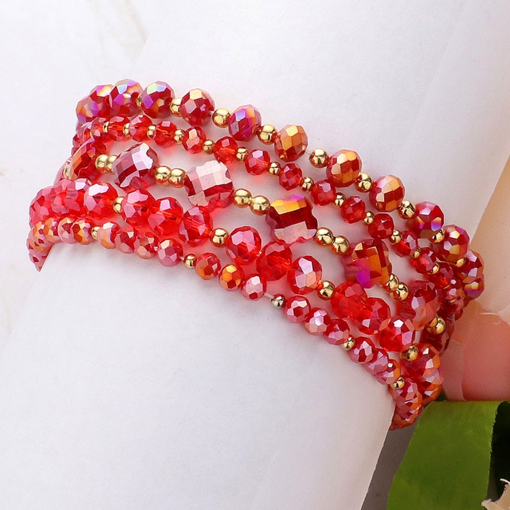 Red Faceted Beaded 5 Piece Stacked MultiLayered Stretch Bracelets Jewelry